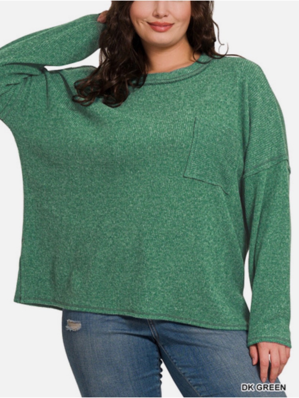 Zenana Outfitters DK Green Scoop Neck Relaxed Knit Top in Plus Size